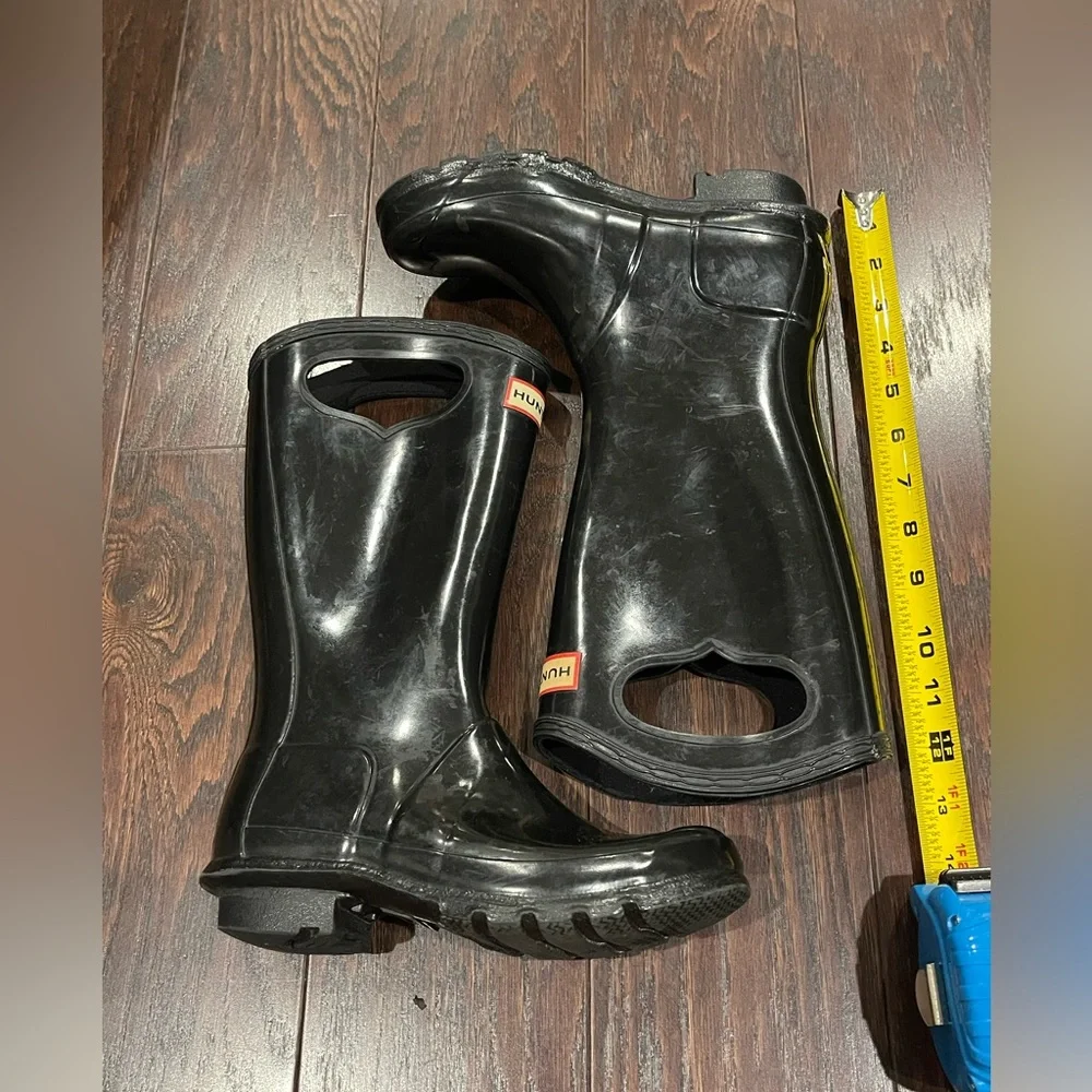 Hunter Kids Pull On Gloss Rain Boots Black UK 2 EU 34 US 3B 4G